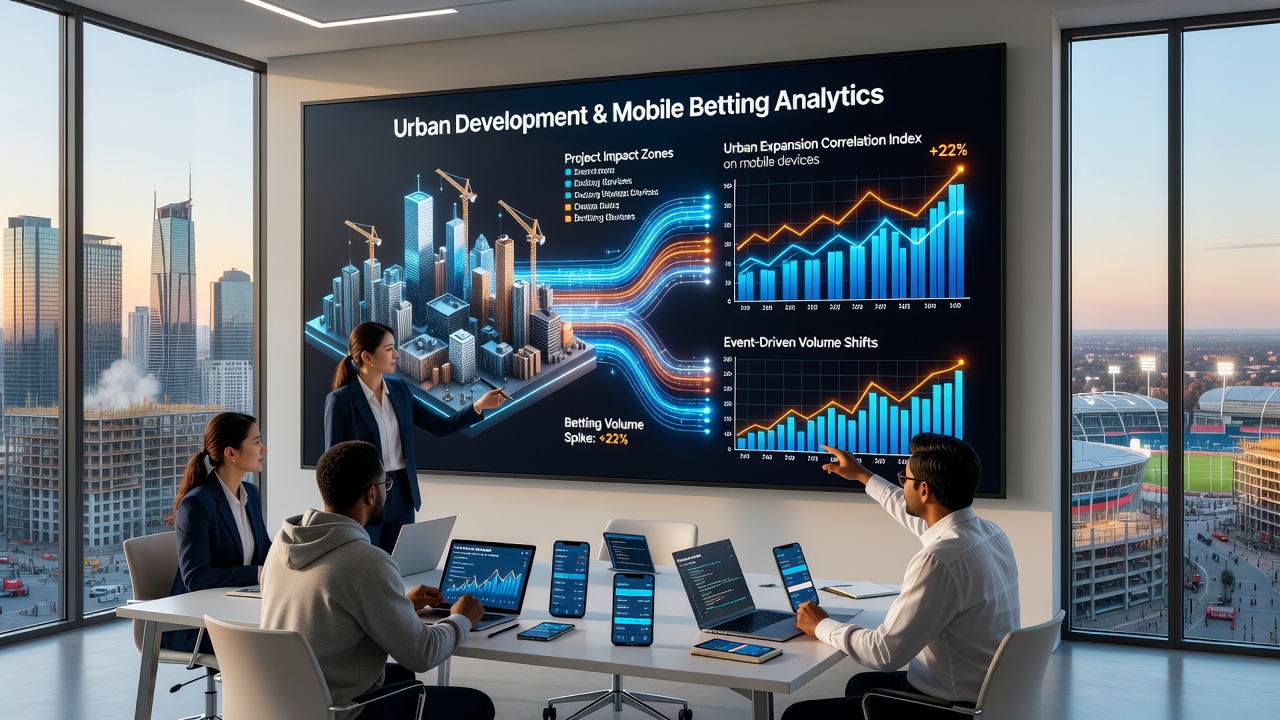 Urban skyline with new construction cranes overlooking a bustling city where mobile device usage patterns are studied in relation to sports events
