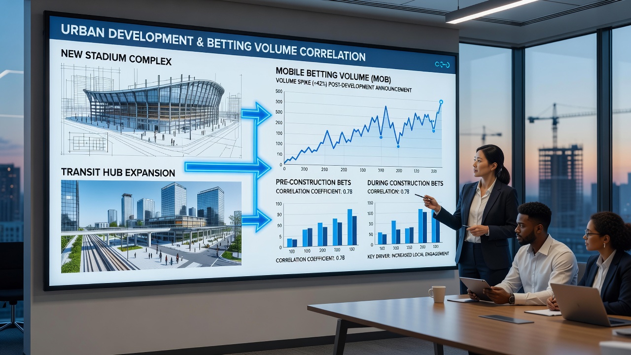 Mobile devices displaying sports betting interfaces against a backdrop of ongoing urban construction and new residential buildings