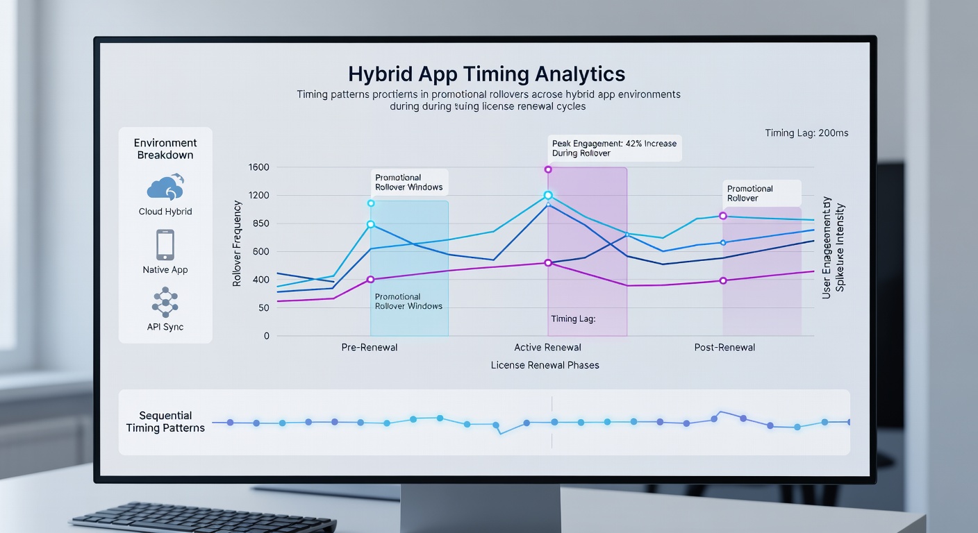 Data visualization of rollover completion spikes aligned with license renewal deadlines across multiple hybrid gaming apps