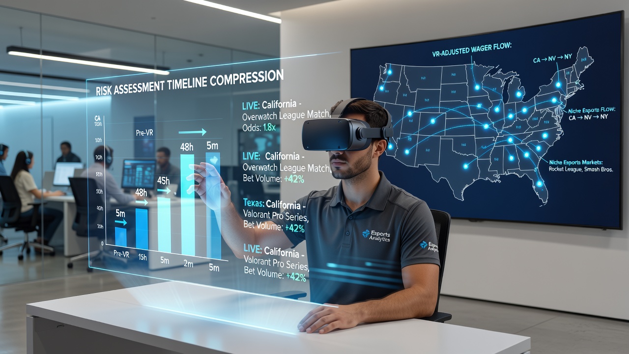 Split view showing VR esports wager interface alongside a regulatory compliance dashboard highlighting interstate timelines
