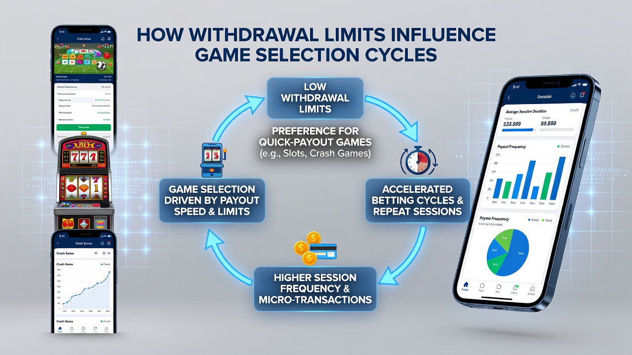Analytics dashboard showing player game selection shifts and withdrawal limit impacts over time
