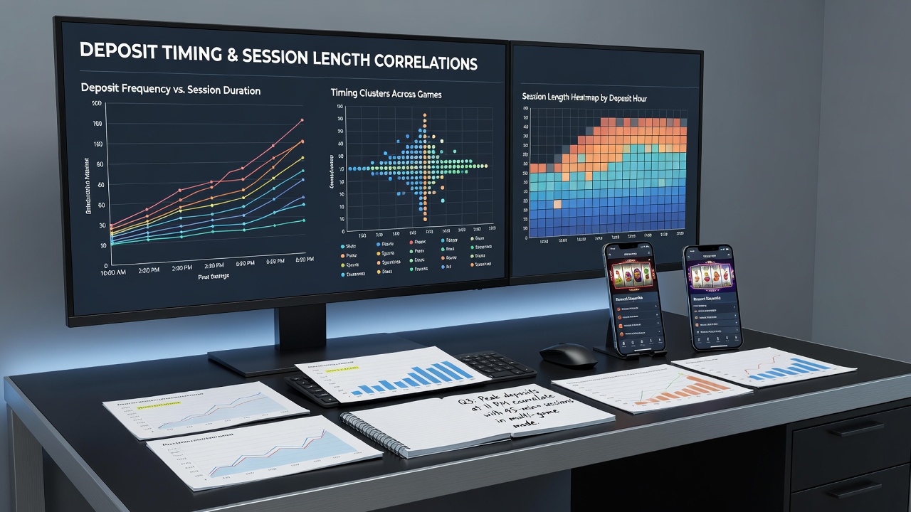 Analytics dashboard showing deposit timing graphs correlated with multi-game session durations on mobile devices