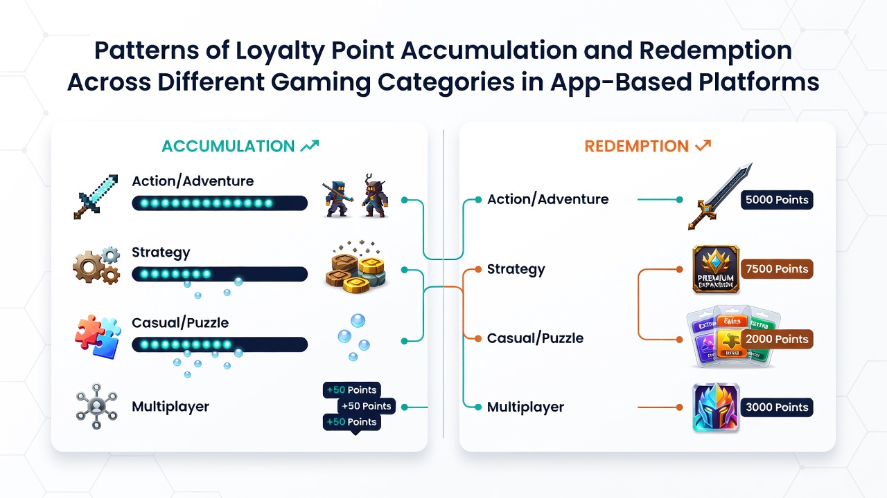 App-based gaming interface showing loyalty points dashboard across slots, table games, and sports betting categories
