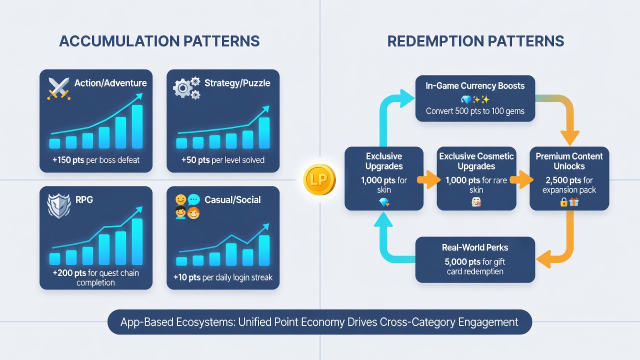 Graphs and charts displaying loyalty point redemption rates segmented by gaming category in mobile apps