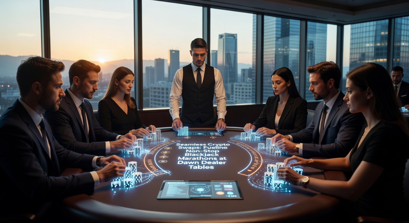 A live dealer blackjack table at dawn with crypto wallet interface overlay showing seamless swap transactions in progress
