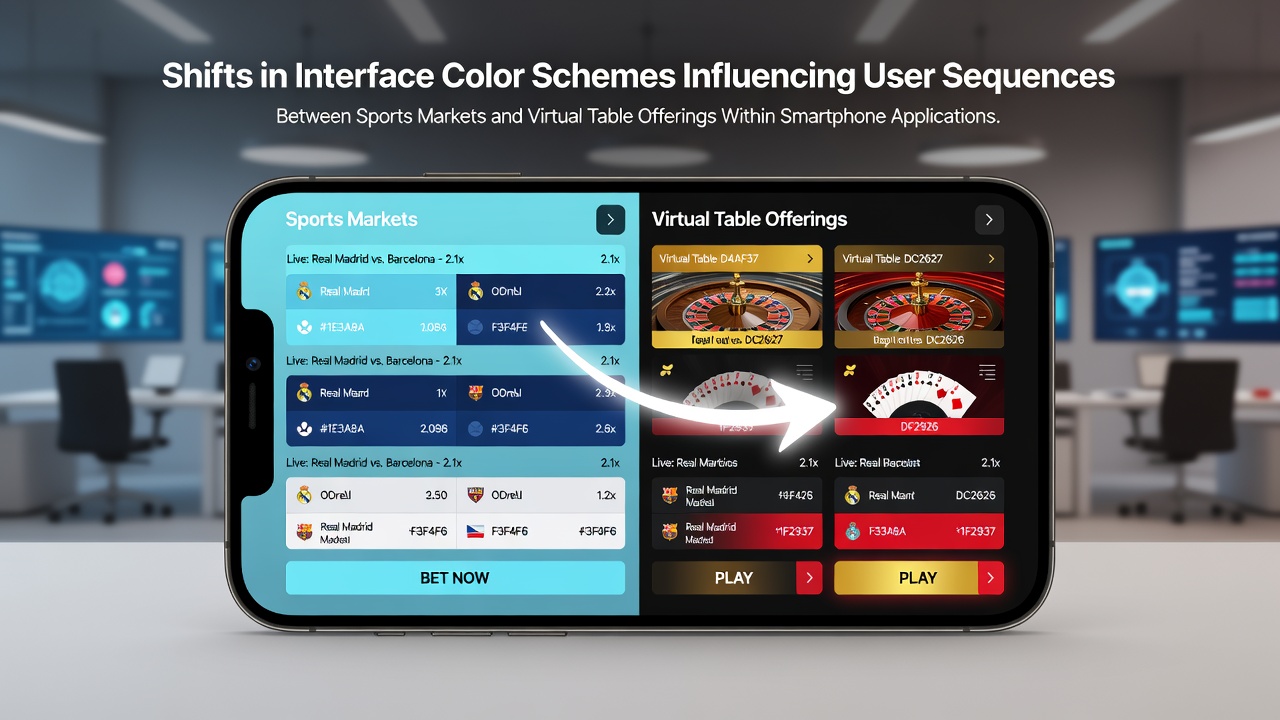 Smartphone screen showing color scheme transitions between sports betting markets and virtual table games in a mobile application interface