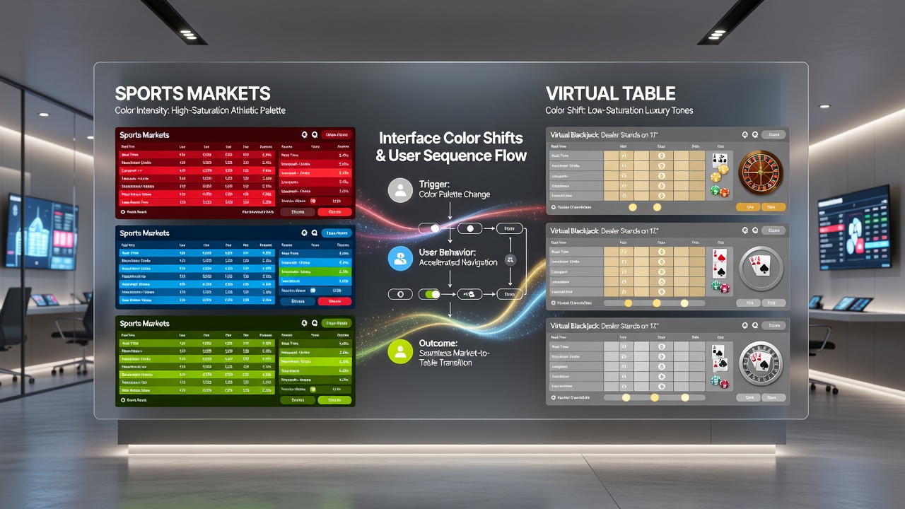 Detailed view of mobile app interface elements with altered color palettes guiding transitions from sports odds to virtual table selections